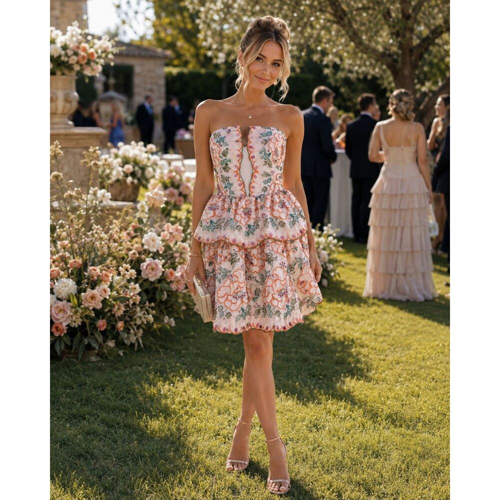 BCBGMAXAZRIA Strapless Embroidered Floral Tiered Dress Pink Size 2 Guiliana